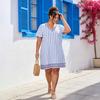 Large size striped dress women's V-neck embroidered loose short-sleeved casual vacation skirt