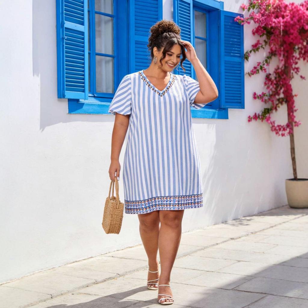 Large size striped dress women's V-neck embroidered loose short-sleeved casual vacation skirt