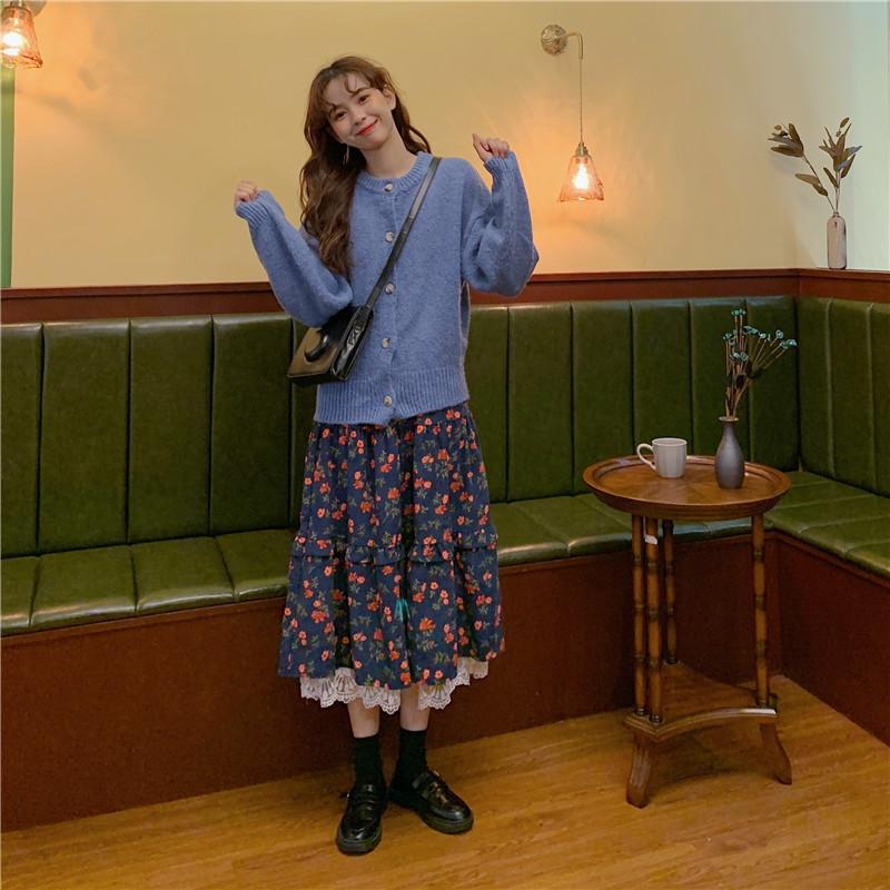 Neuer japanischer Mori Girl Damen Midirock Hohe Taille Marineblau Braun Blumenrock mit Spitzenrüschen Vintage Eleganter Cordrock