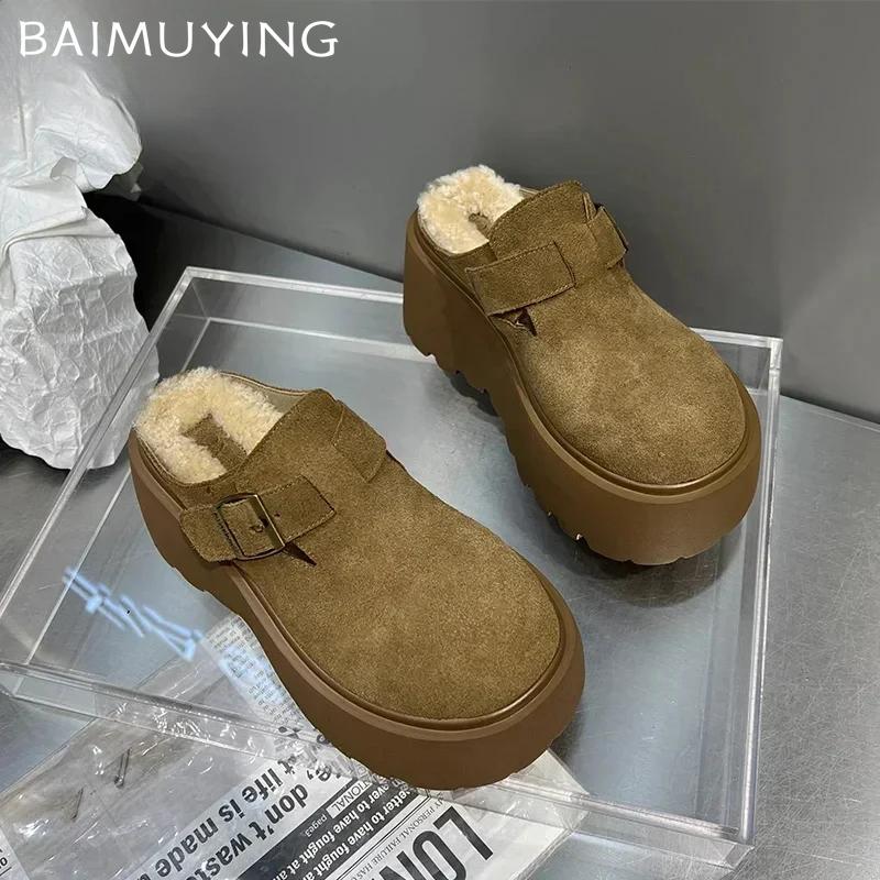 Platformové pantofle na vysokém podpatku Dámské semišové nazouváky Žena 2025 Trend Zima Nové Teplé Ležérní Módní Sněhové Boty Mujer Zapatos