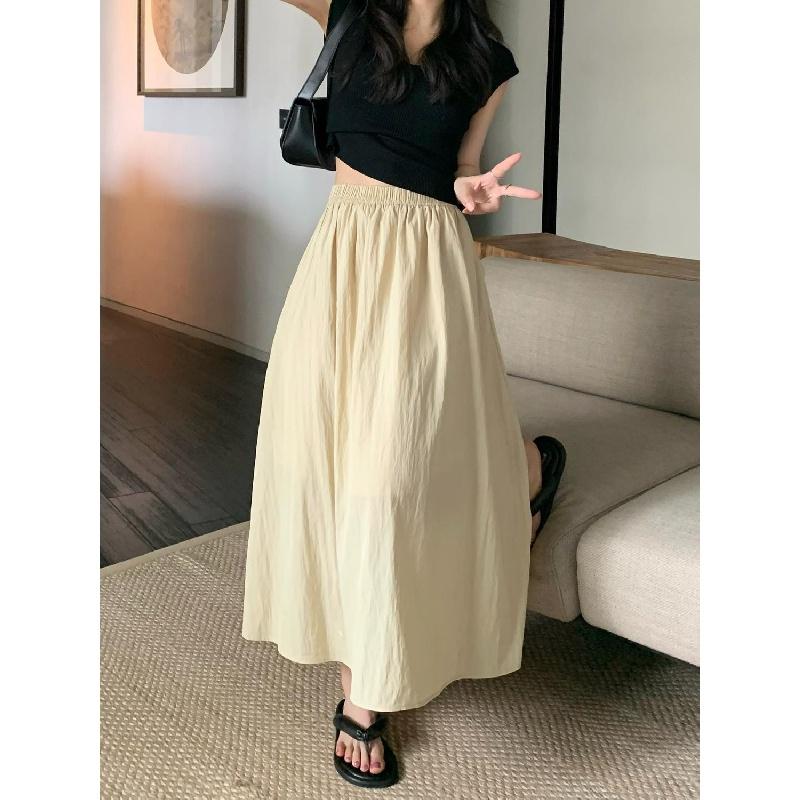 

Плиссированная юбка средней длины для женщин, летняя новая ретро-юбка с высокой талией, утягивающая, эластичная, А-образная юбка-зонтик XL бежевый