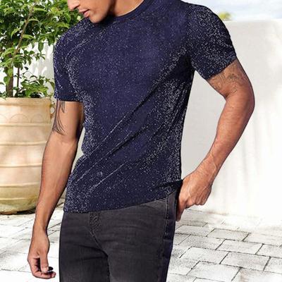 Men Club Top See-through Sequin Mesh Round Neck Short Sleeves Stretchy Thin T-shirt Muscular Men Party Performance T-shirt