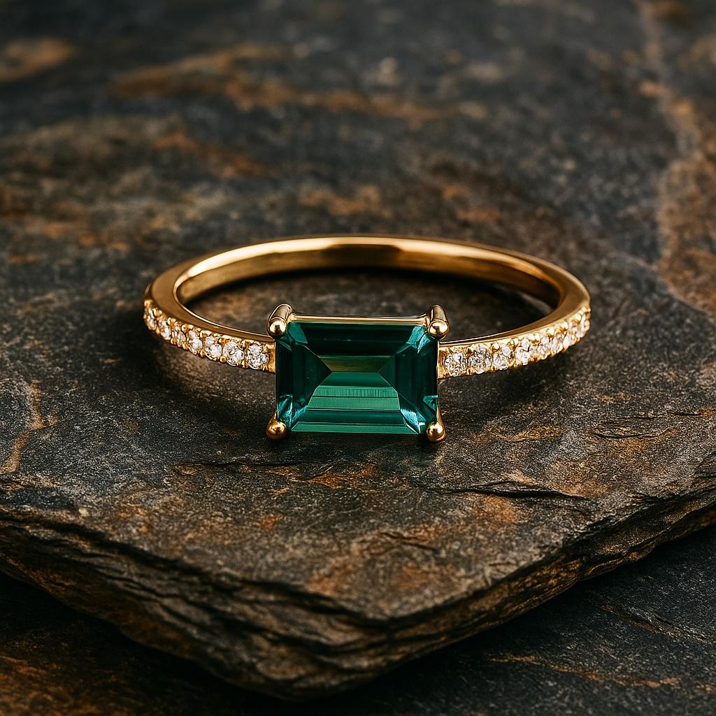 Emerald Baguette Stacking Ring – Dainty Gold Plated Minimalist Ring, Simple Emerald Ring, Stackable Personalized Jewellery