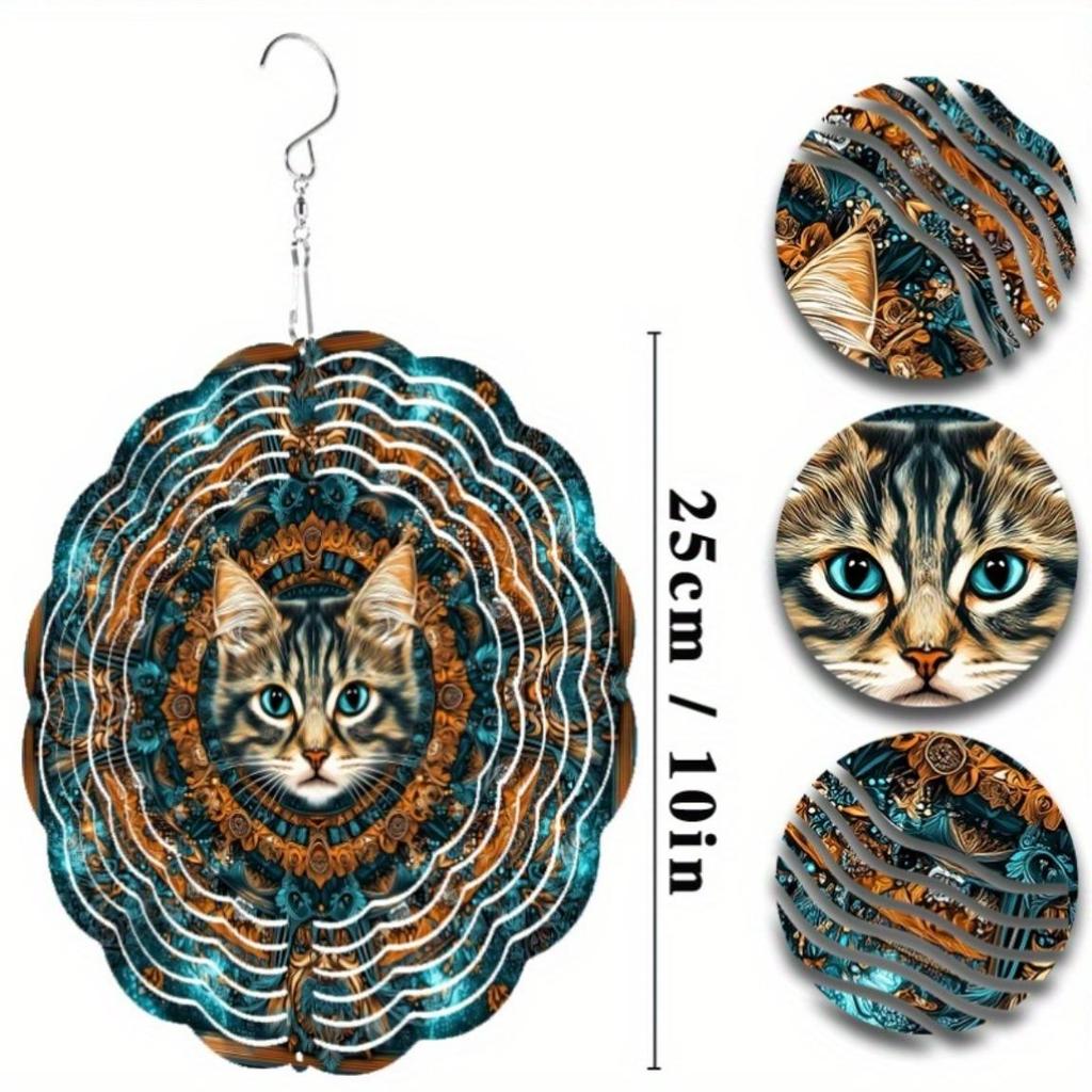 10 Inch Cat Wind Chime Outdoor Garden Decor with 360 Degree Hook Vibrant Blue Gold Design for All Seasons Home Yard Hanging