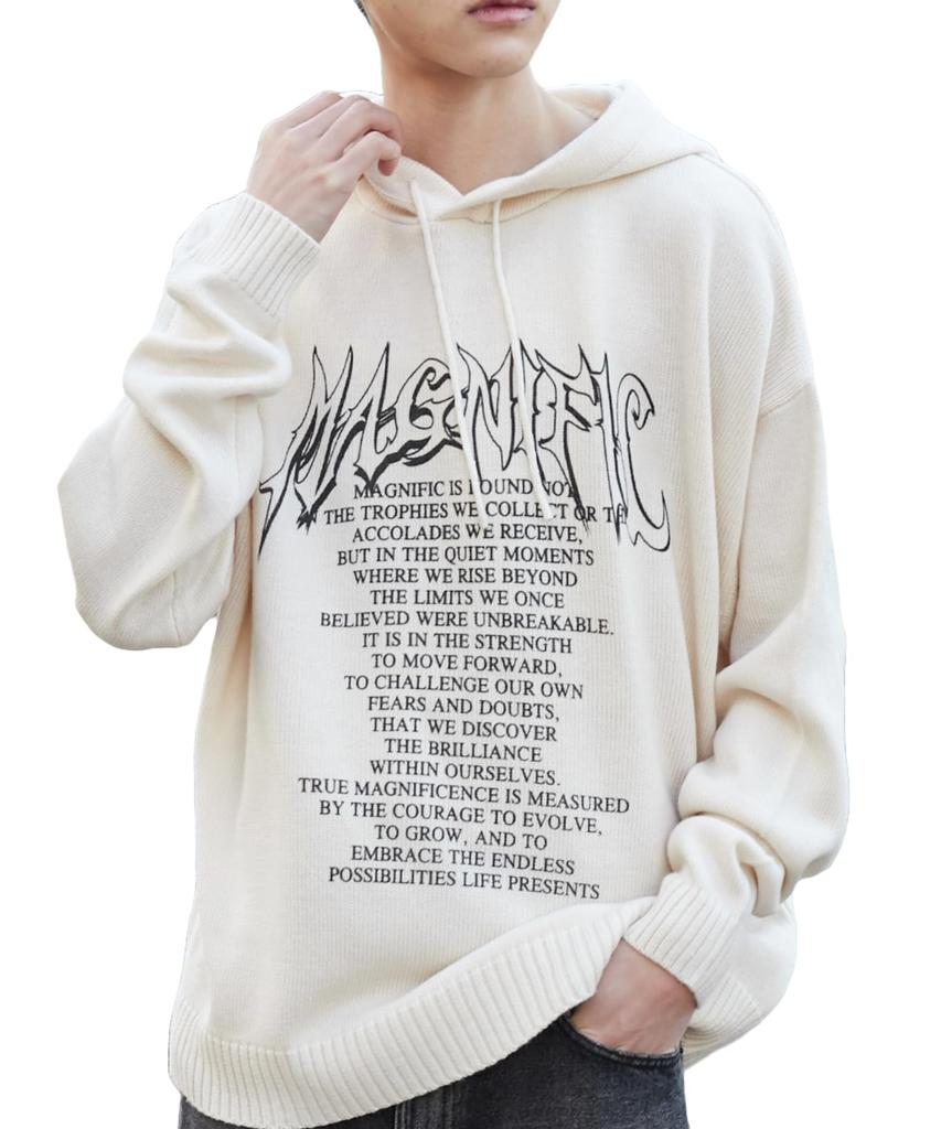 WEGO Graphic Print Knit Korean Loose Size White Men's Hoodie, Hooded, Unisex, Spring, Casual, Streetwear, Style, Fit, Gift, Spring, Autumn, Winter, M,