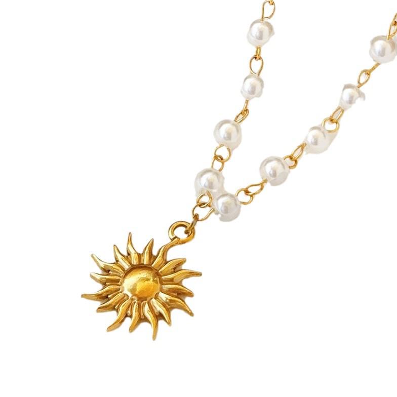 Sunflower Pearl & Gold-Plated Titanium Steel Necklace for Women - High-End European/American Style Choker with Pendant