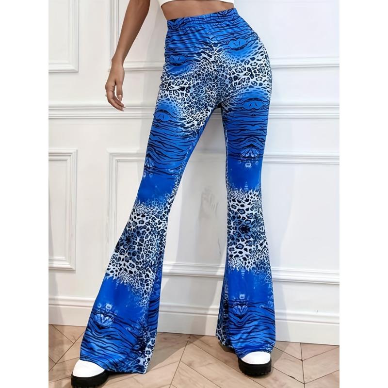 Leopard Print Slim Flare Leg Pants, Casual High Waist Pants, Women's Clothing