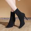 Fleece Black Elastic Thin Socks Boots, New Mid-tube Thin Heel Pointed Thin High-heeled Short Boots for Women In Autumn and Winter 2025