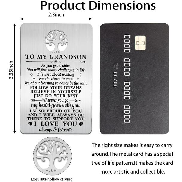 To My Grandson I Love You Wallet Card, Engraved Metal Wallet Insert Card with Love Note from Grandpa Grandma, Inspirational Gifts Graduation