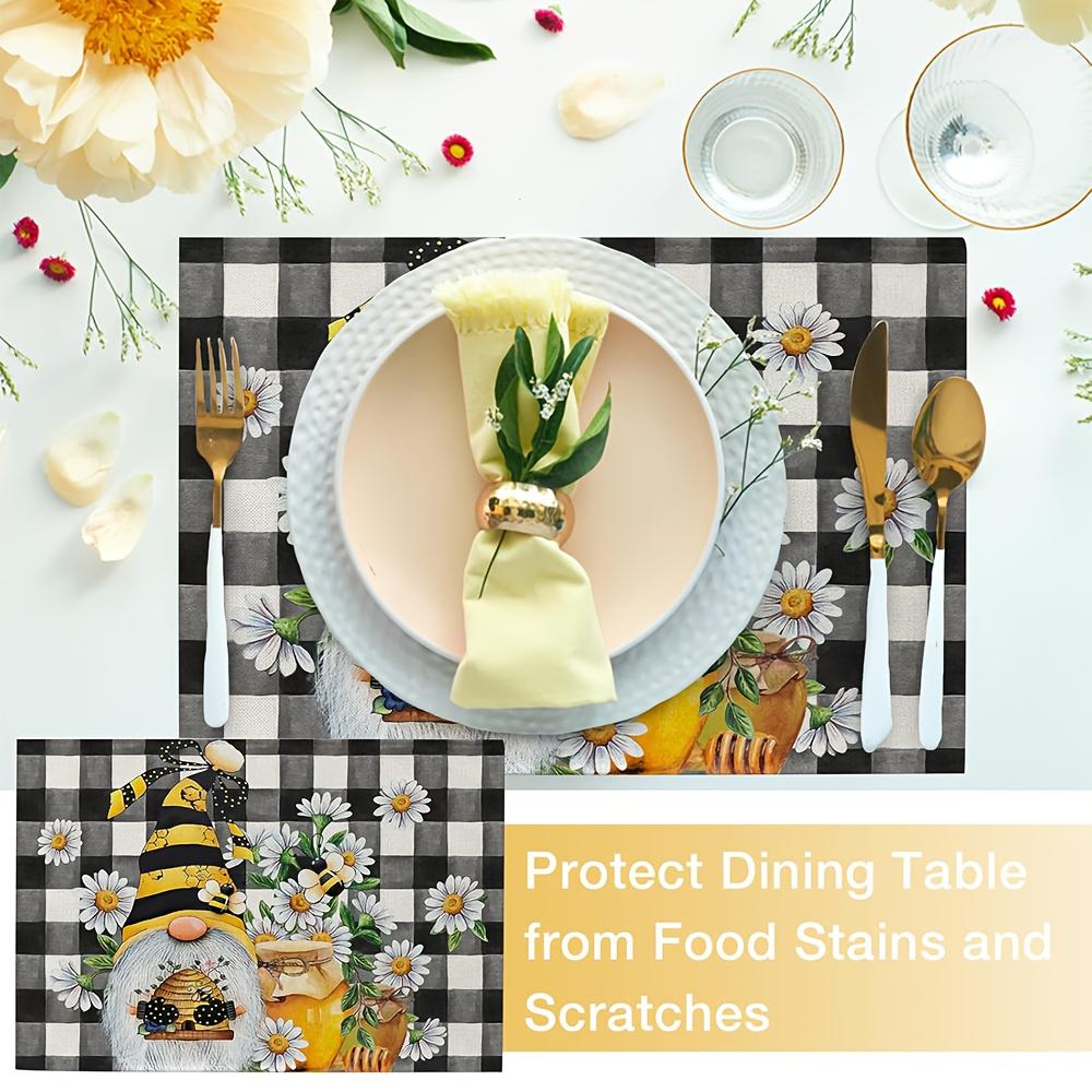 Set mit 4 Frühlings-Bienen-Gnom Gänseblümchen-Plaid Tischsets, Leinen gewebte rechteckige Tischmatten, nur Handwäsche, für Bauernhaus-Küchendekor, Esszimmerdekor