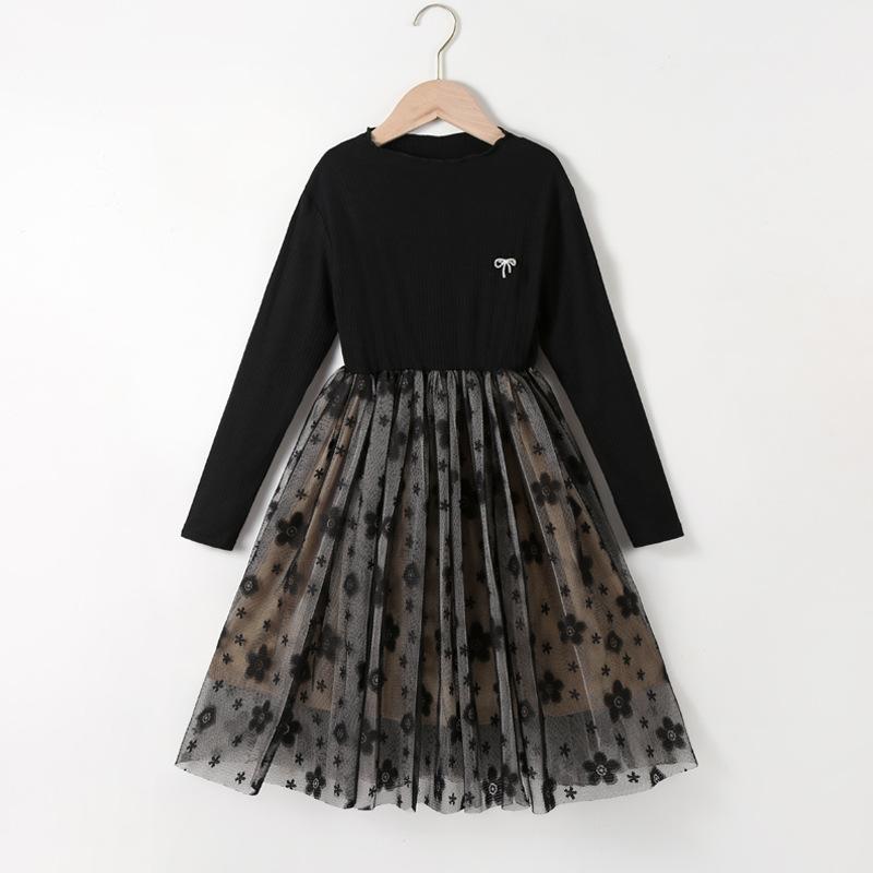 Girls' Fashionable Black Dress for Summer, Children's Princess Netted Puff-sleeved Dress