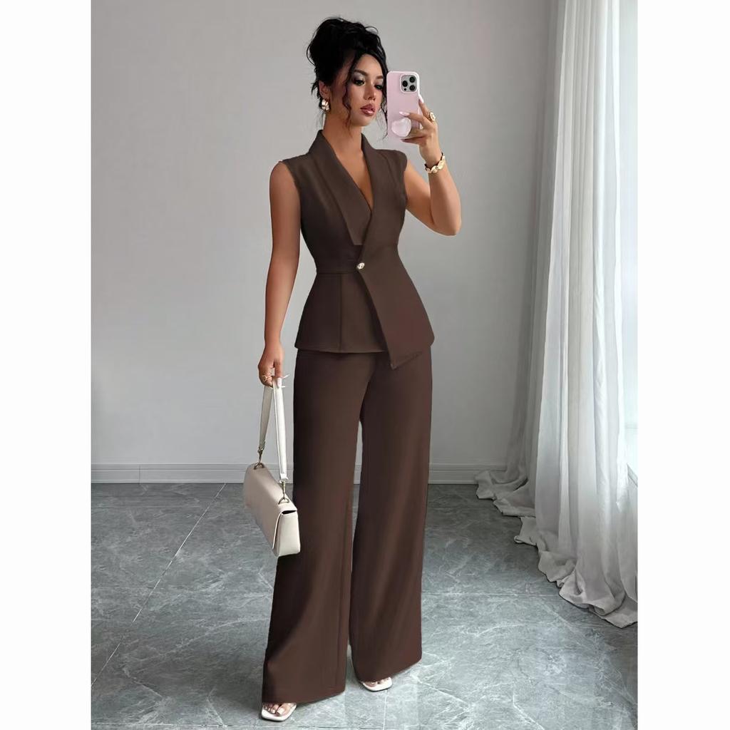 European and American Elegance Solid Color Vest and Straight Leg Pants Set for Women
