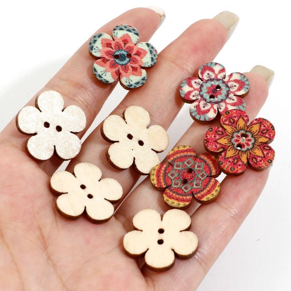 100PCS Flat-back Flower Wooden Buttons 2 Holes Bohemian Style Clothing Button Colorful Sewing Button Clothing Sewing