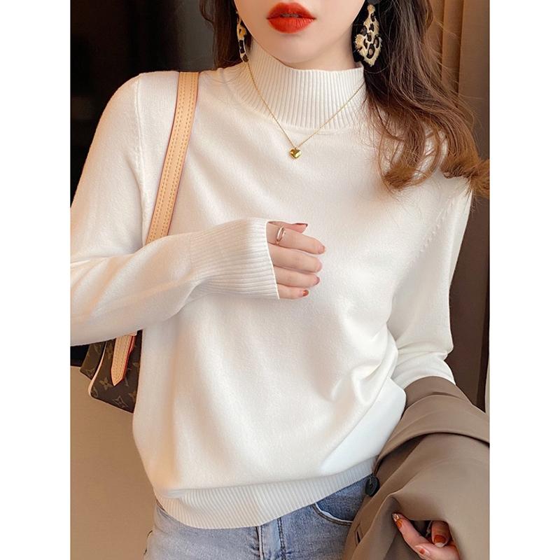 Autumn and Winter Pullovers Sweaters Women Fashion Loose Half High Neck Base Women Knitted Sweater Tops Elegant Solid Simple Ladies Knit Jumper 25730