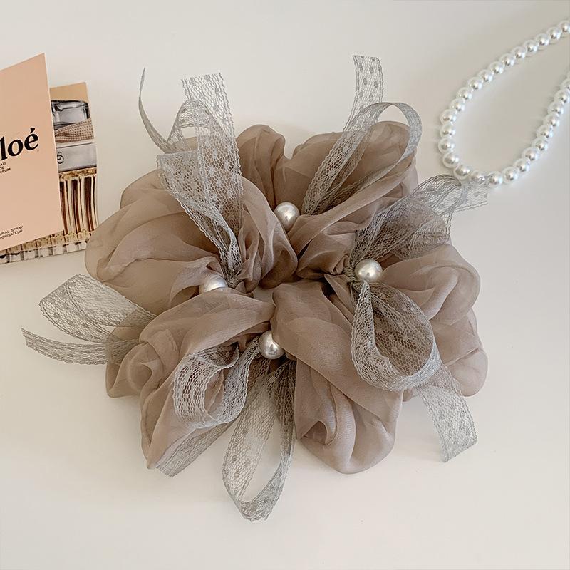 Women Elegant Large Chiffon Hair Scrunchies Soft Faux Pearl Lace Ribbon Elastic Hair Bands for Dinner Party Use