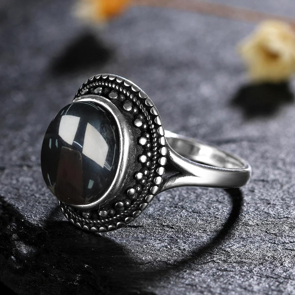 Vintage 925 Sterling Copper Ring Natural Black Onyx Ring Oval Round Stone Retro Fine Zircon Gift Sun Shaped For Women Men