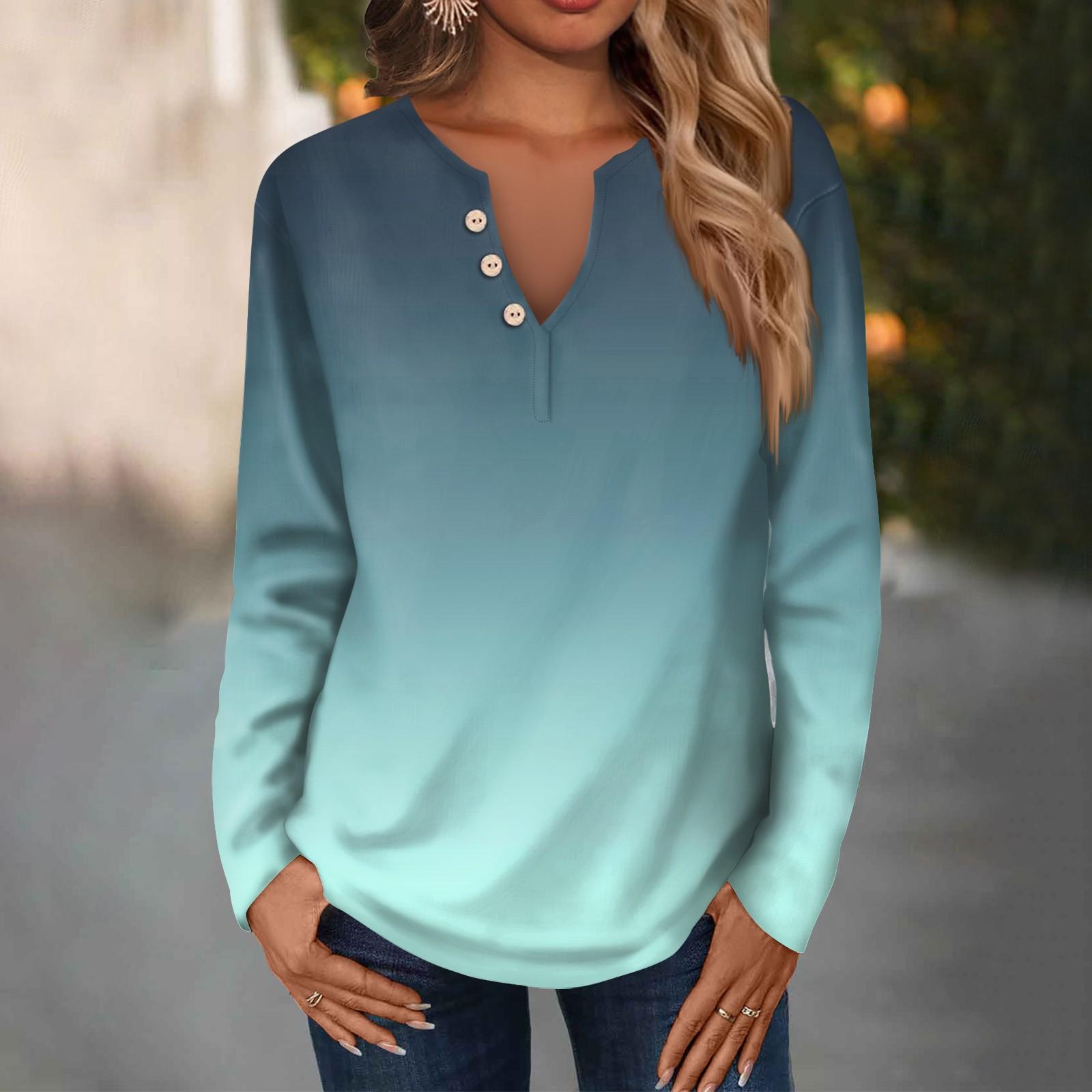 Женская модная повседневная свободная футболка с v-образным вырезом и длинным рукавом — фото 10