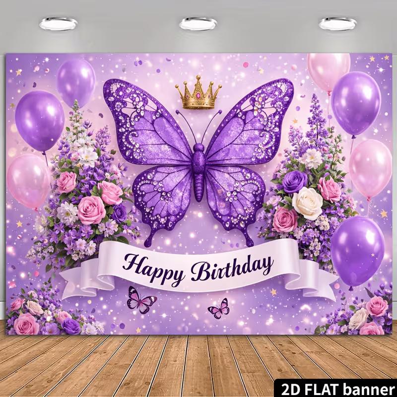 Sfondo Compleanno Farfalla Viola 2D Corona Floreale Festa Ragazza Photo Booth Banner