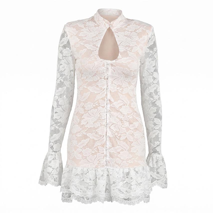 Celebrity Style White Lace Dress Women's French Autumn and Winter Inner Cover Double-layer Horn Sleeve A-shaped Skirt Small White Dress Women's Cloth