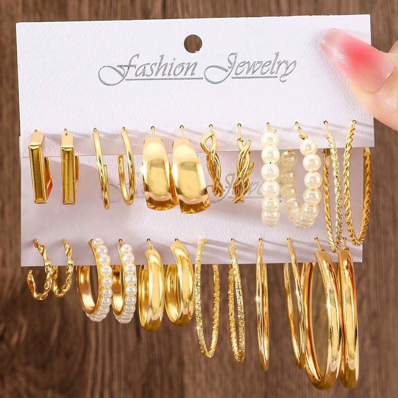 6 Pairs Earrings Golden Geometric Square Grace Ear Hoops Jewelry Sets Imitation Pearl