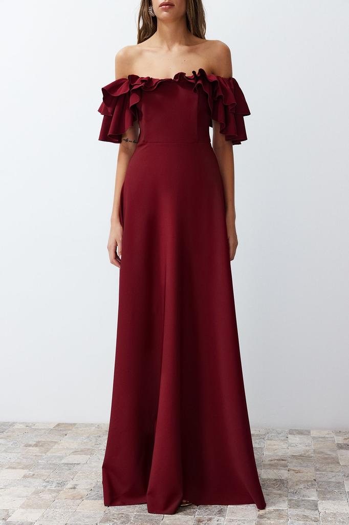 Damen Stil Übergröße Schwarz A-Linie Gewebt Rüschen Lang Abendkleid