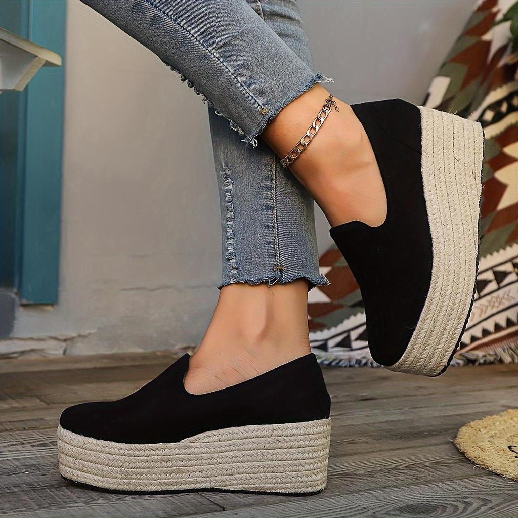 Sandali da Donna con Zeppa Espadrille Neri - Scarpe Piattaforma Comode Slip-On con Tomaia Coprente, Suola Spessa in Gomma e Punta Arrotondata, Sandali con Laccetti