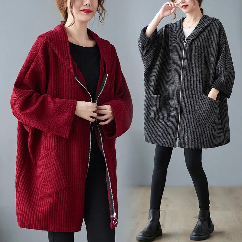 Plus Size Authentic Fall Plus Size Women's Clothing Vintage Artistic Plush Slimming Versatile Hooded Jacket