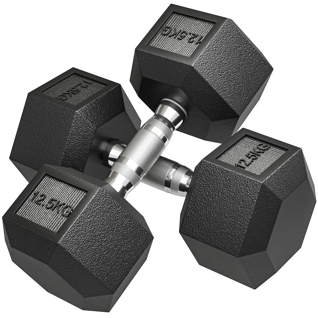 Dumbbells, Set of 2 x 12.5 kg, Cast Iron Hexagonal, Rubber Coating