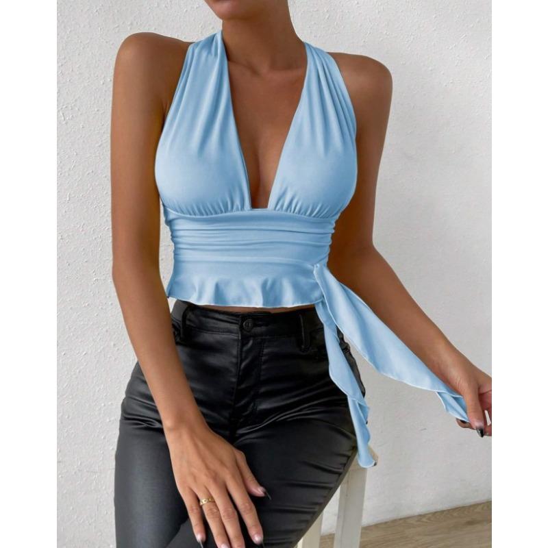 Summer Fashion Women's Casual Deep V Neck Sleeveless Vest Slim Fit Lace-up Backless Crop Tops Elegant Halter Neck Solid Color Casual Simple Tank Tops