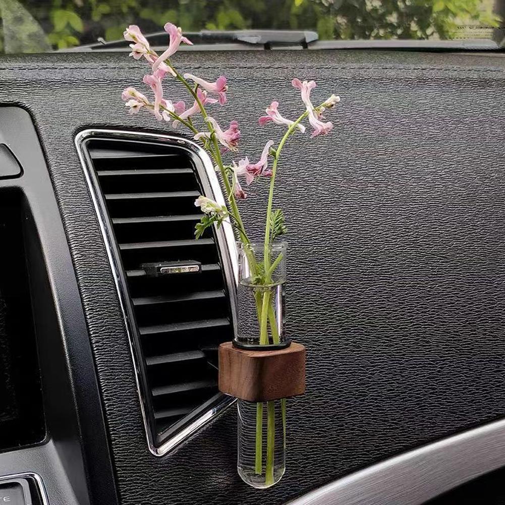 Wood Car Hydroculture Flower Vase Glass with Clip Air Vent Test Tube Flower Holder For Car Interior Plant Decor