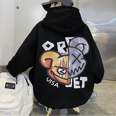 Men's Retro American Oversized Hooded Sweatshirt - Trendy, Warm, Plus Velvet, All-Match, For Autumn & Winter.