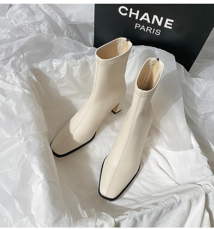 Brown Short Boots Women's High Heels Autumn and Winter New Velvet Thick Heel French Small Ankle Boots Rear Zipper Elastic Square Head Thin Boots