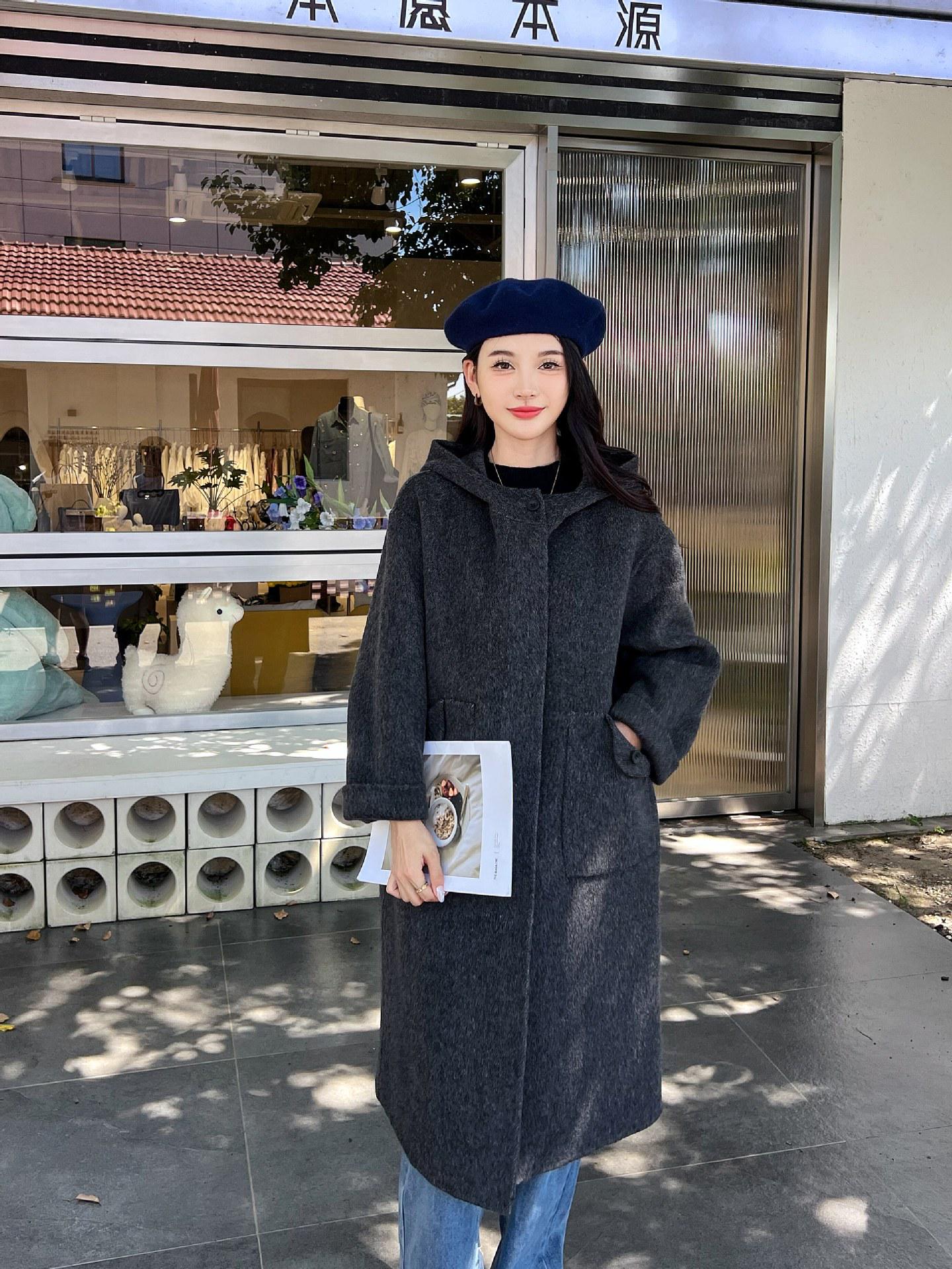 

2025 Autumn/Winter Women s Hooded Extra-Long Double-Sided Wool Coat Medium деревне вугілля/сірий колір