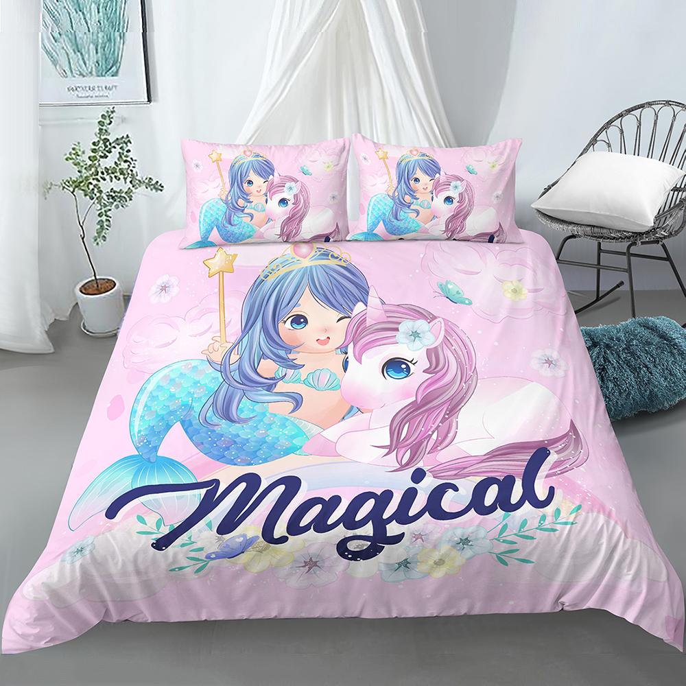 Bedding Set Girls Mermaid Duvet Cover Set With Pillowcase Cartoon Edredones Niños Girl Princess Quilt Cover Full Size Bedspread