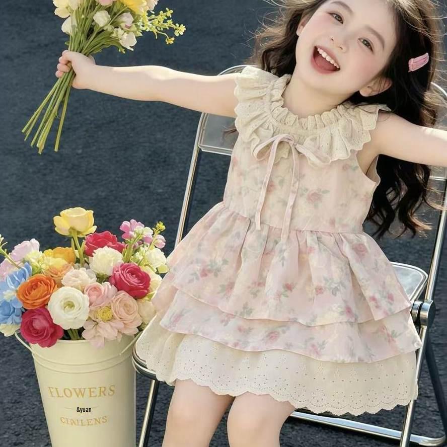 Girls Floral Sleeveless Layered Princess Dress - Korean Summer Fashion Size 110