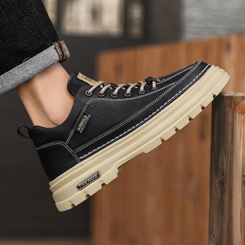 Shoes New Autumn and Winter British Casual Black Leather Shoes Medium Top Sports Platform Martin Boots