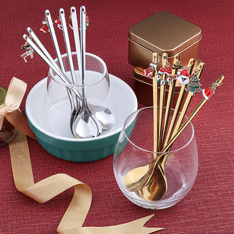 6Pcs Cute Christmas Stainless Steel Spoon Set Kitchen Coffee Dessert Mixing Spoon Xmas Holiday Gift