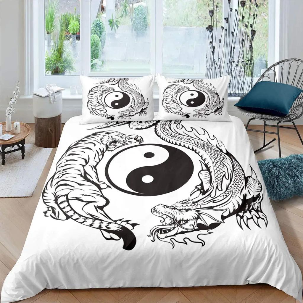 Red Base Black Dragon Print Duvet Cover Set Chinese Dragon Pattern Bedding Sets Full Size Microfiber 2/3 Pieces Comforter Sets