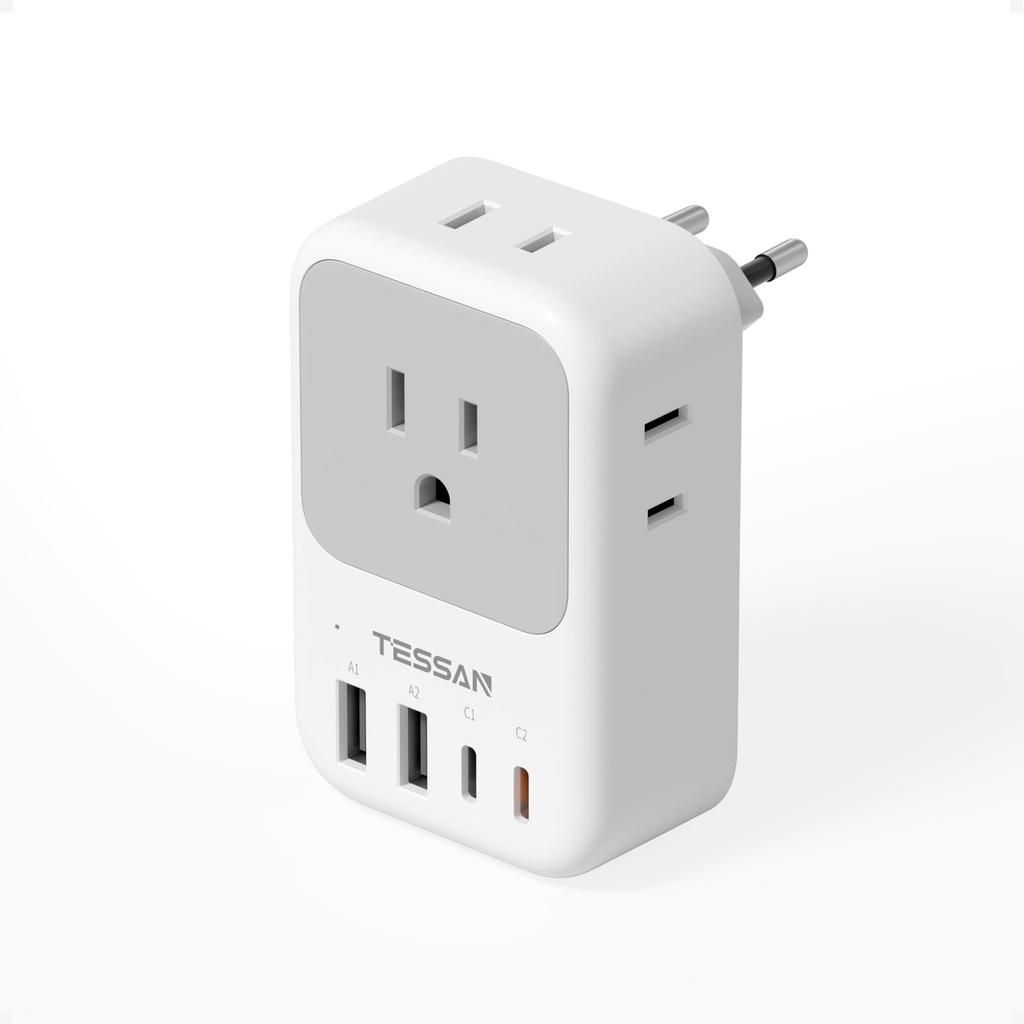 Konverzní zástrčka typu C pro mezinárodní cestování, Korea, TESSAN, s USB-C, 4 AC zásuvkami, 2x typ A, 2x typ C, Kompatibilní s Itálií, Španělskem, Německem,