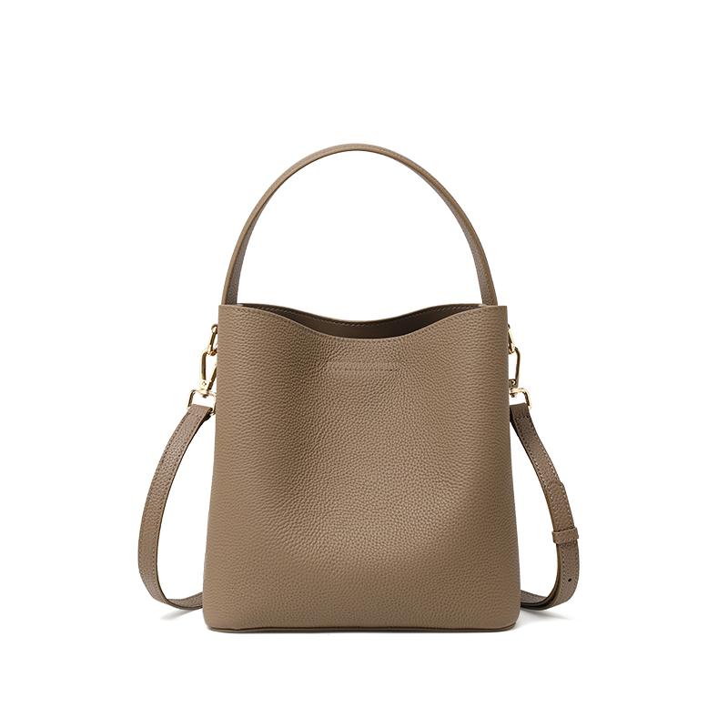 Elegant retro hand-carried water bucket top layer cowhide multi-layered shoulder strap lock tote bag single shoulder cross-body