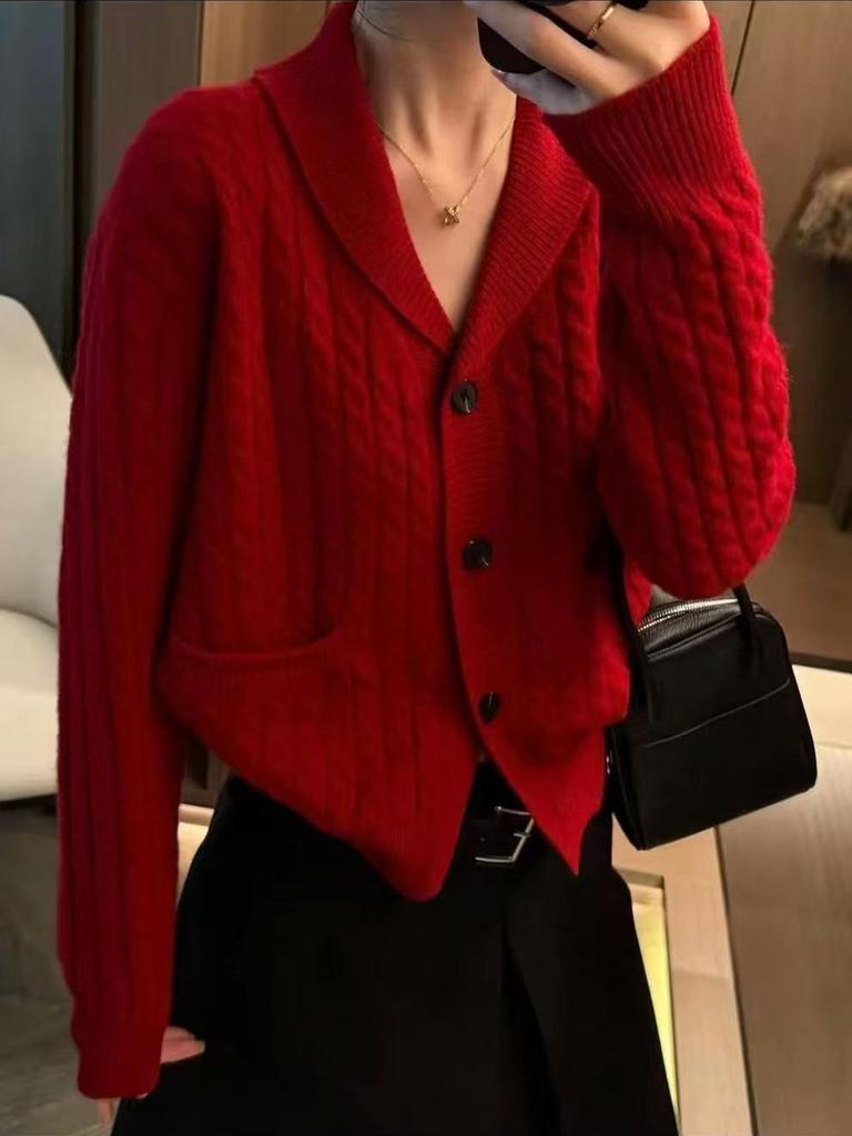 2025 Women's Casual Lapel Button Knit Cardigan: Autumn/Winter Solid Color Sweater