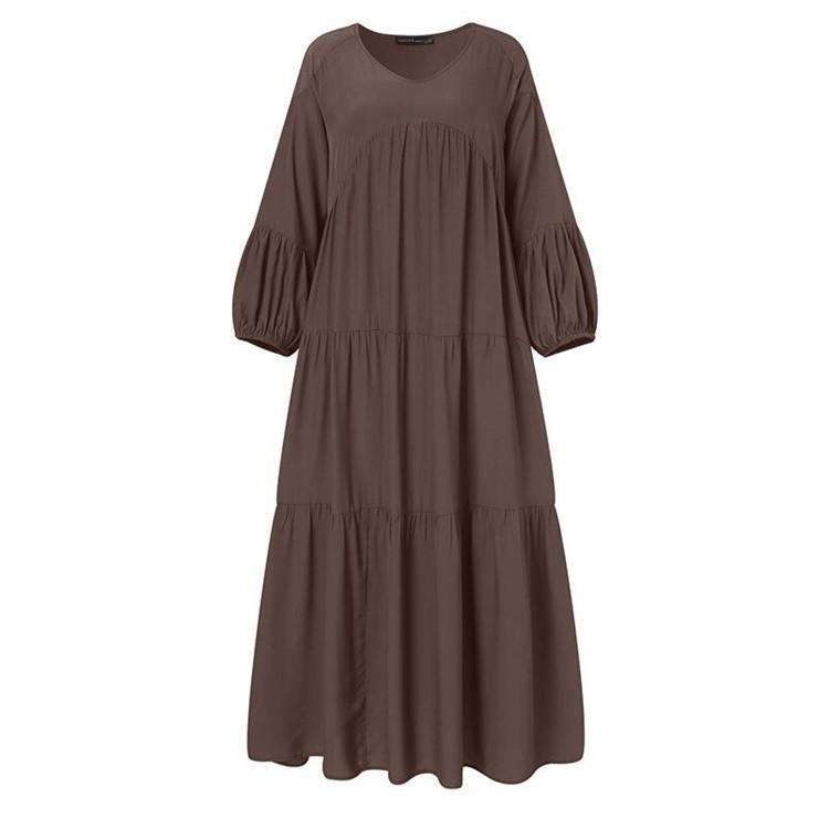 Damesmode zomer lente effen kleur print lange mouw V-hals hoge taille casual jurken