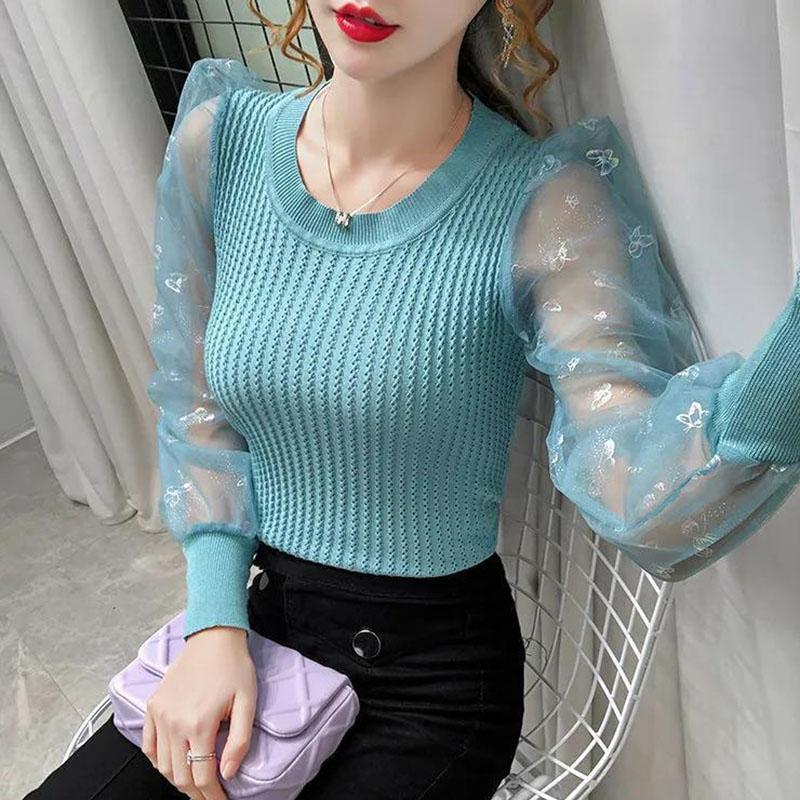 Women's Spring and Autumn Long Sleeve Puff Sleeve Bottoming Shirt Round Neck Slim Top