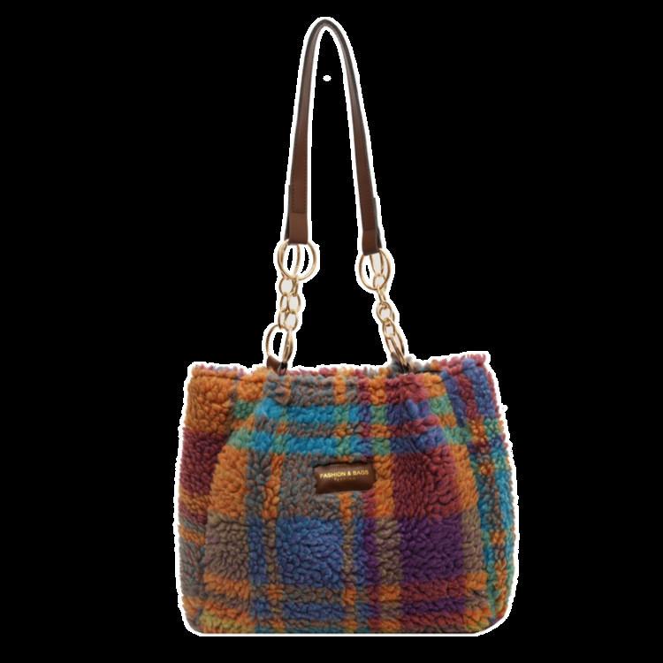 Chic Soft-sided Vertical Women's Shoulder Bag With Trendy Plaid Canvas For Everyday Commuting