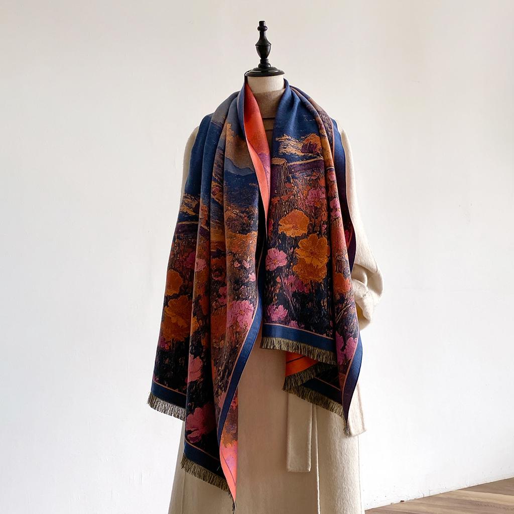 Brand Fashion Floral Winter Warm Cashmere Shawl Scarf Women Oil Painting Print Pashmina Thick Scarves Wrap Femal Poncho Echarpe