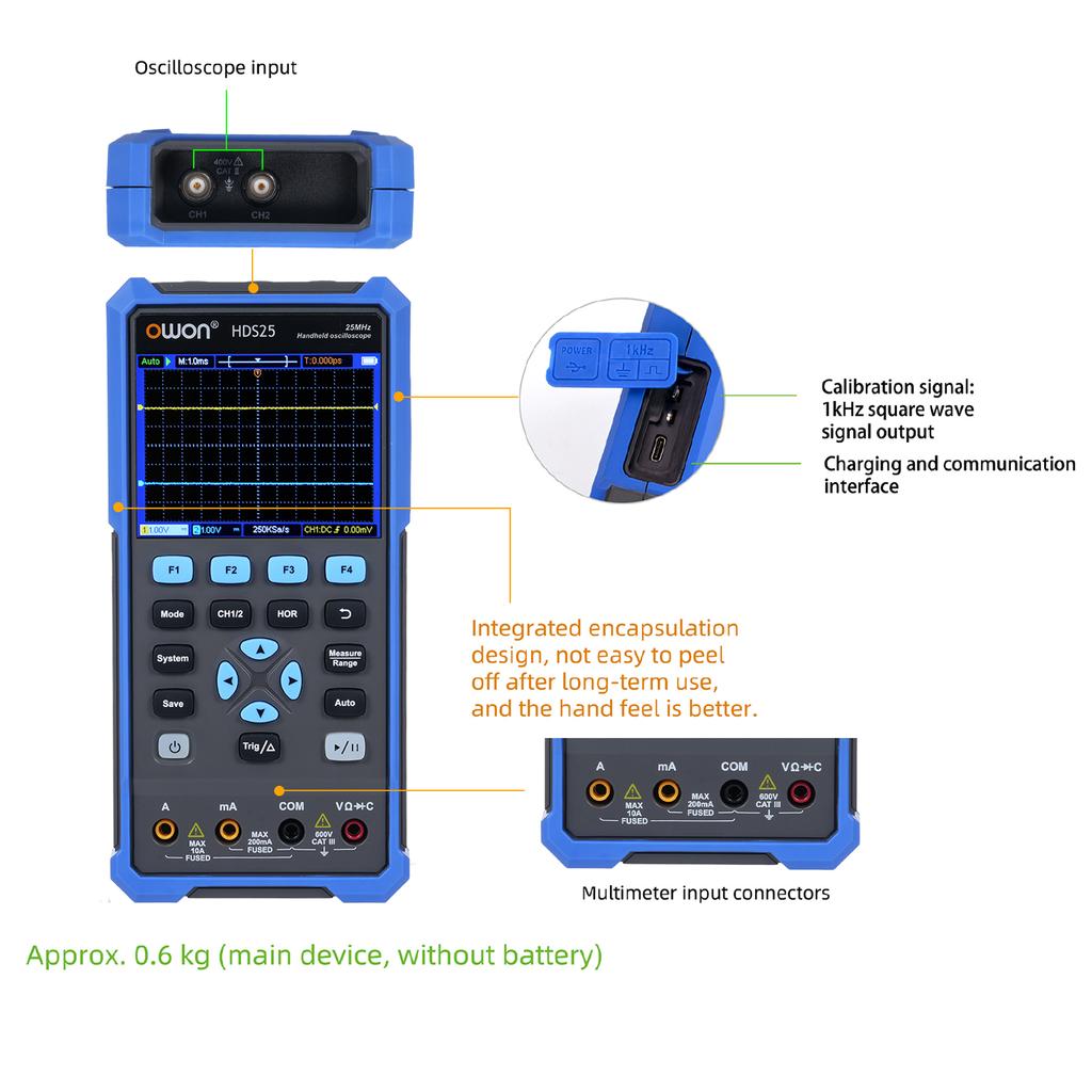 2in1 Oscilloscope Multimeter Dual Channel 25MHz Bandwidth Handheld Portable Oscilloscope 10,000 Wfms S 20,000 Counts