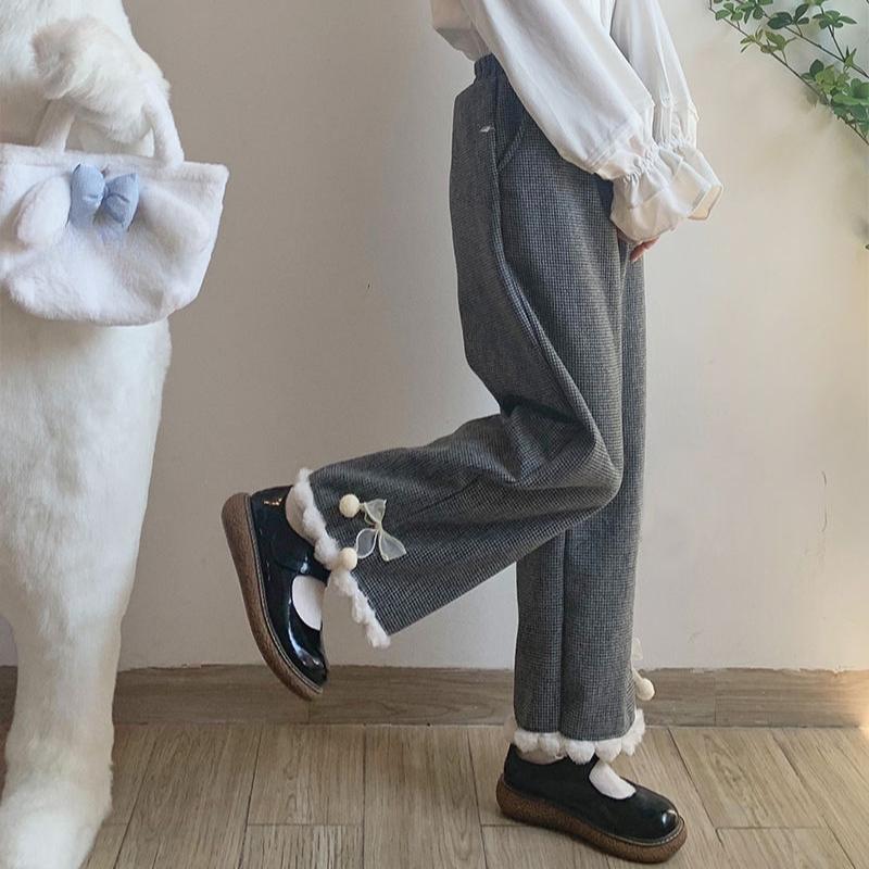 Fleece Japanese Kawaii Pants Women Wide Leg Cute Sweatpants Sweet Harajuku Lolita Vintage Baggy White Trousers with Bow Winter