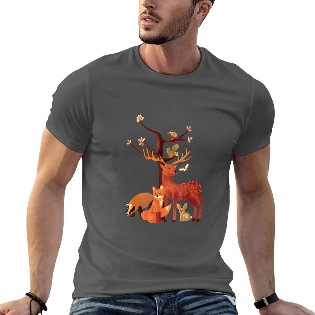 Woodland Animals Deer Fox Rabbit Squirrel Watercolor Vintage TShirt Oversized T Shirt Mens Clothing