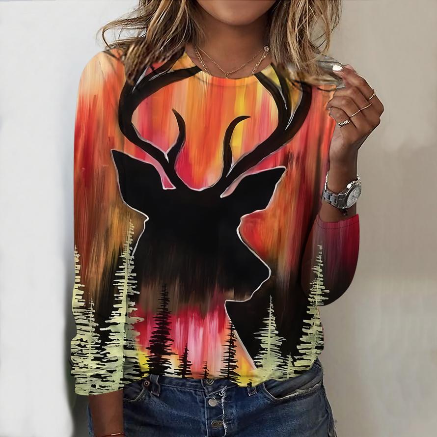 Tops For Spring&Autumn Hummingbird&Elephant&Peacock Print Round Neck Long Sleeve T-shirt Fall Casual Slim Pullover Women's Long Sleeve Top