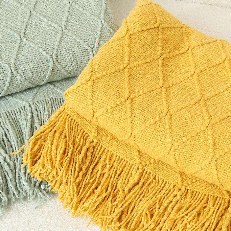 Solid Color Coarse Knitted Blanket Nordic Style Diamond Grid Woven Bed Flag with Tassels Large Size Sofa Blanket Soft Comfortable Bed Tail Blankets